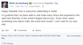 مارك زوكربيرج يهنئ الهند بعيدها الجمهورى